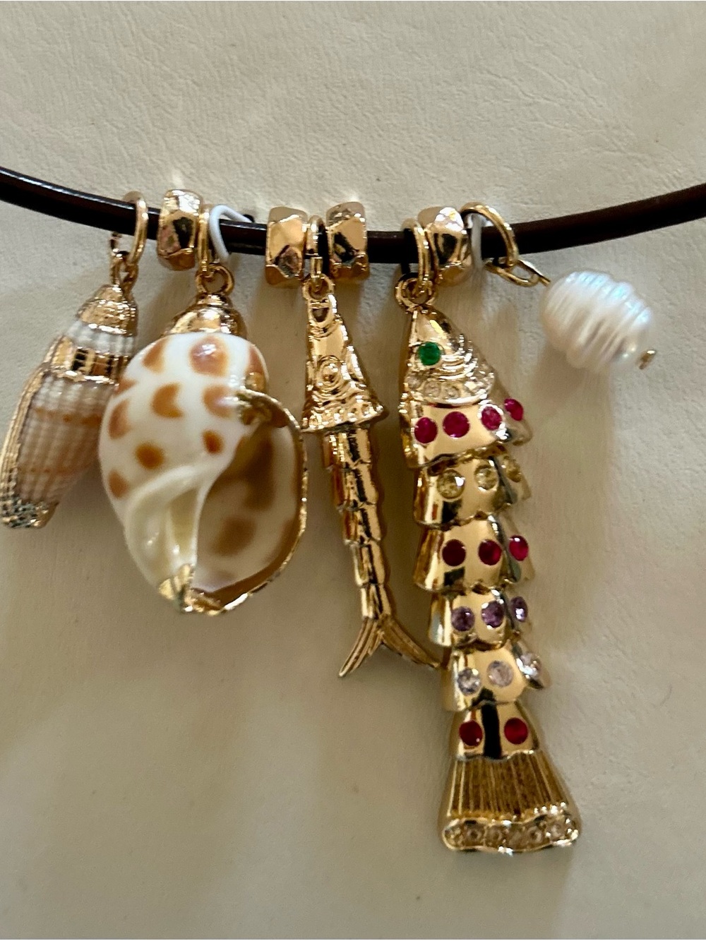 Atterri Coastal Chic Leather Necklace - Brown with Gold & Pearl Accents - Picture 7 of 13